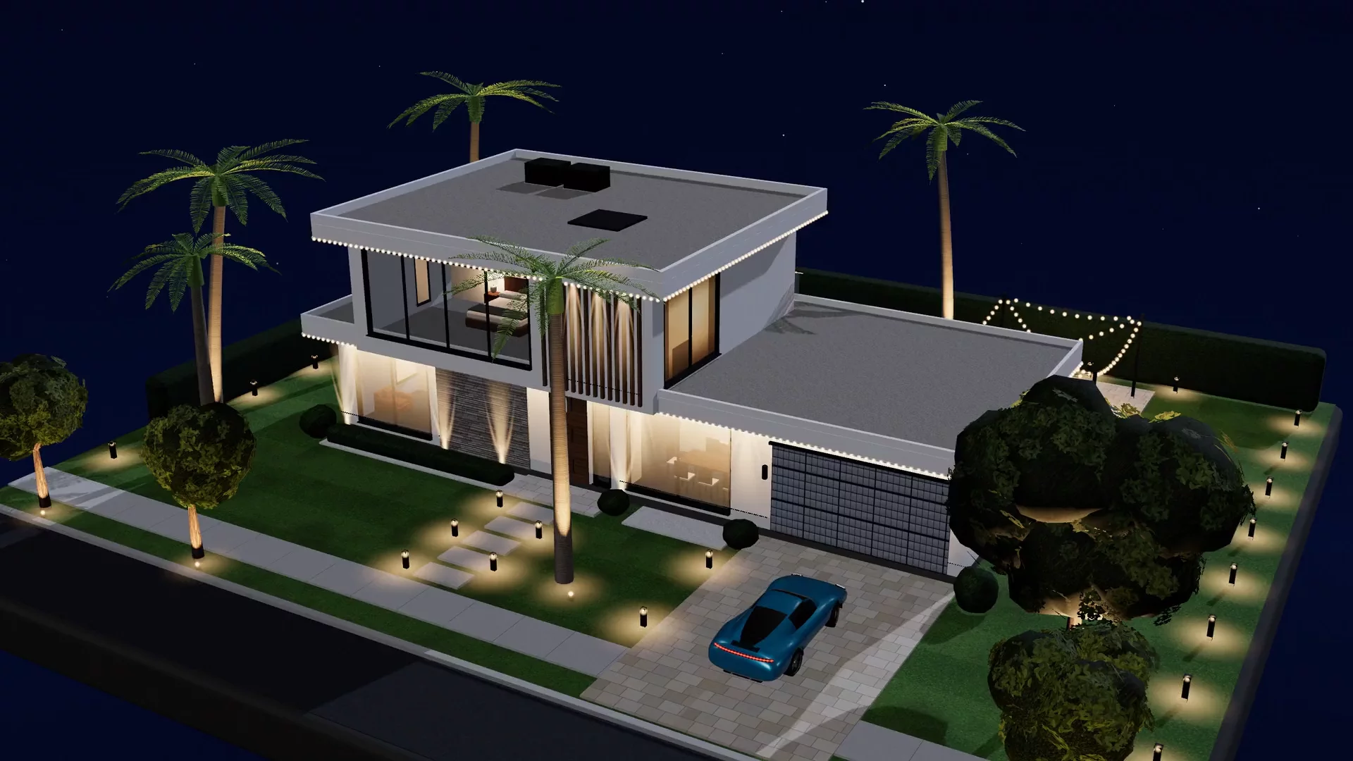3D South Florida modern home lit at night
