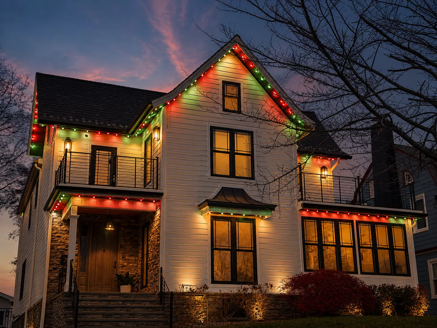Home lit red and green for the holidays