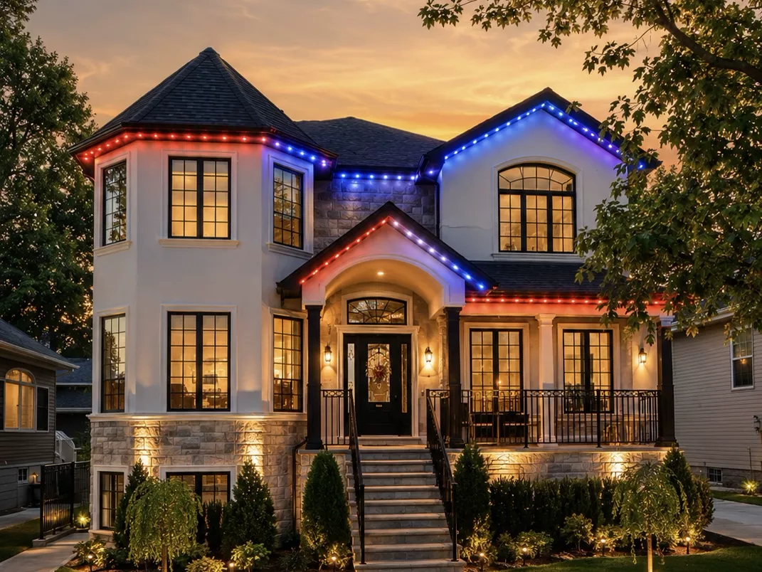 Home in red, white and blue at sunset